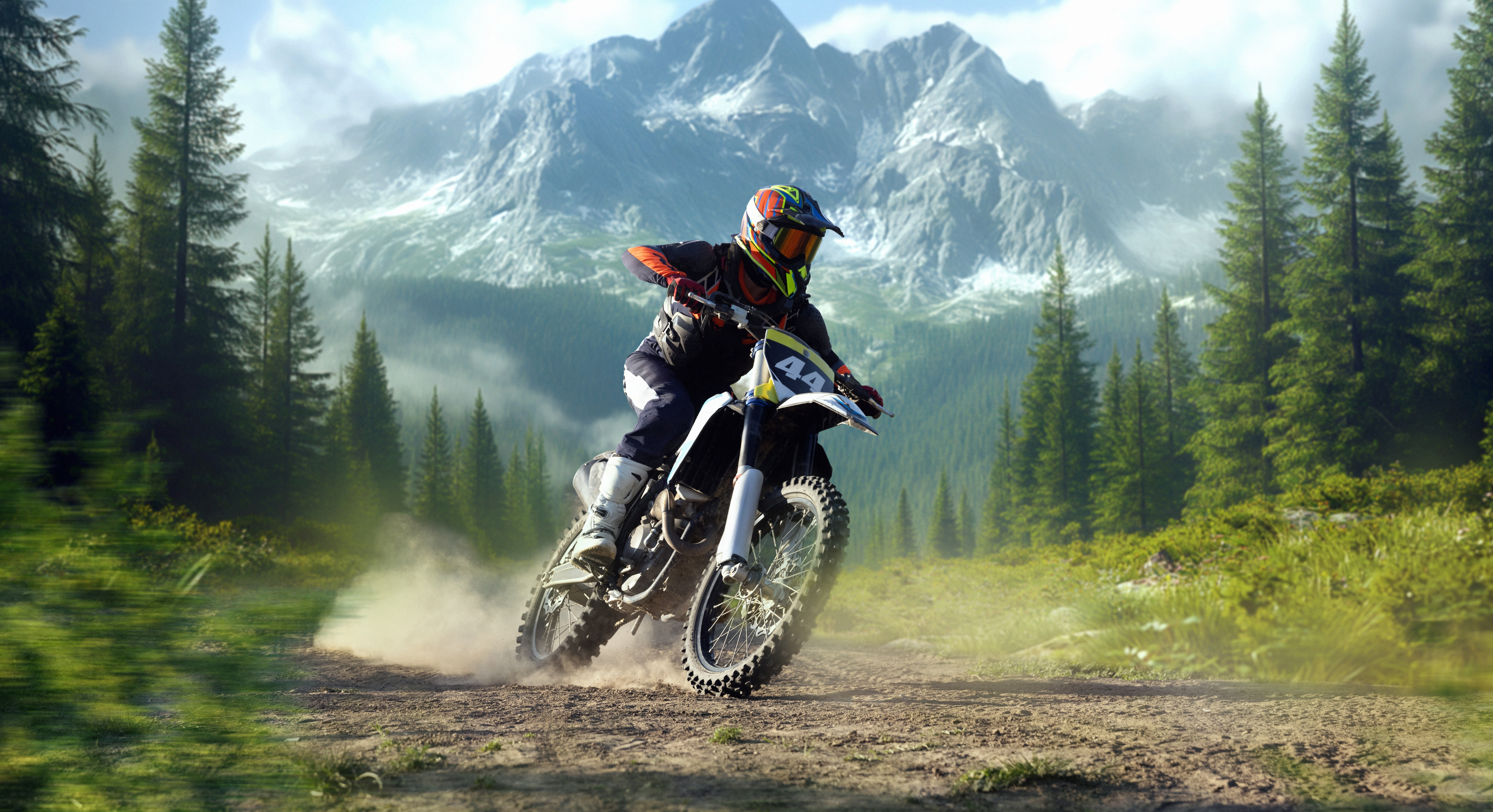 Motorbike rider in mountain landscape